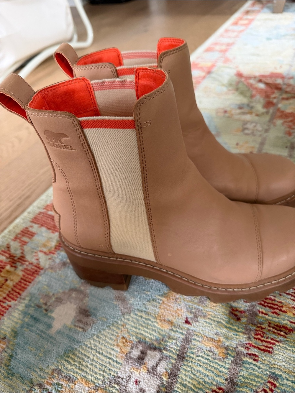 Sorel Tan Leather Chelsea Boots with Coral Trim